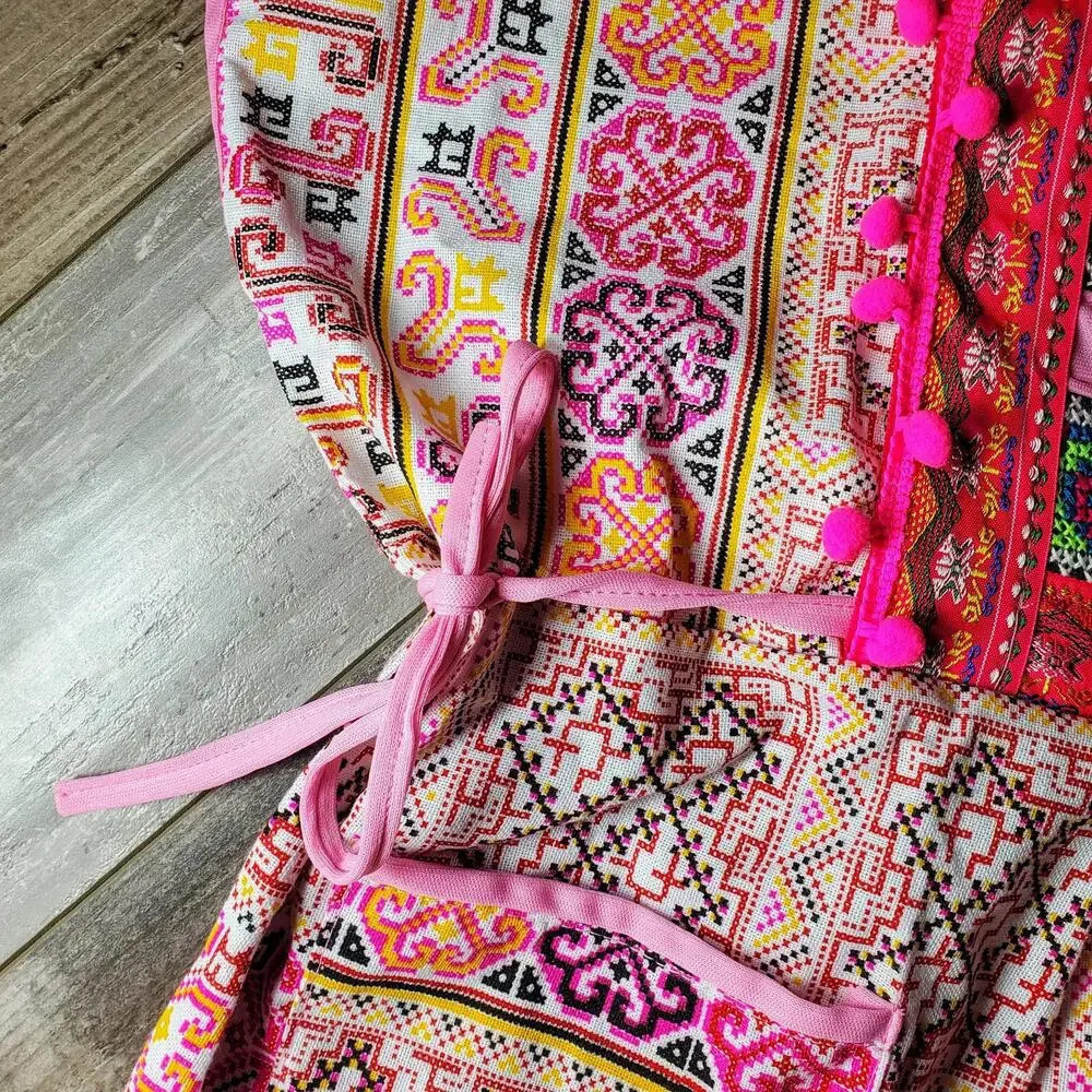 Pink Boho Thai Dress One Size Midi Tie Sides Embroidered Multi Color - Picture 9 of 16